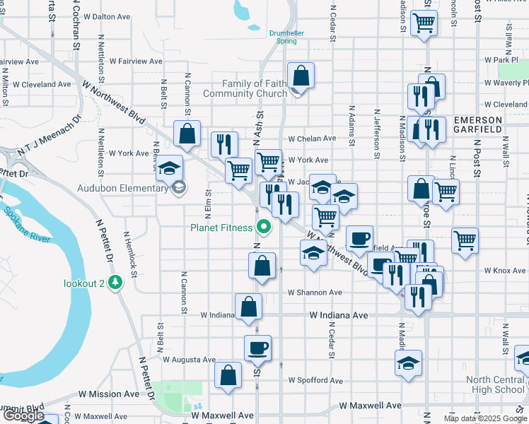 map of restaurants, bars, coffee shops, grocery stores, and more near 1621 West Northwest Boulevard in Spokane