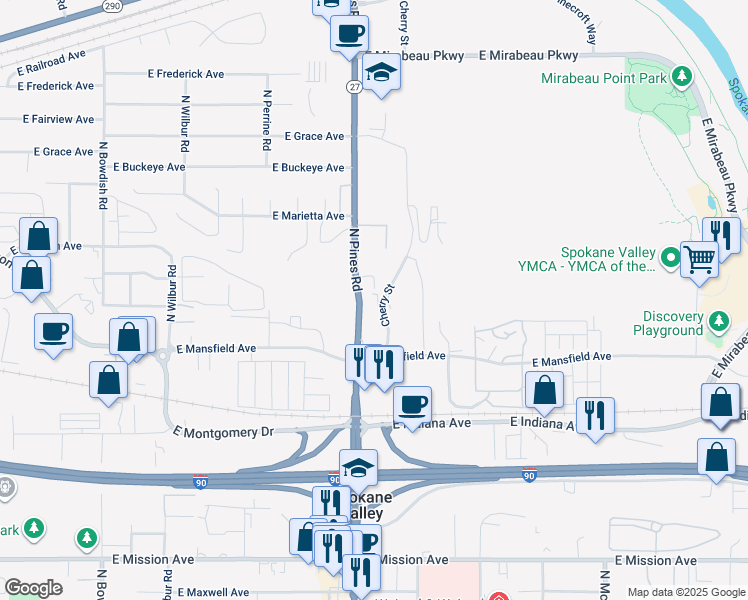 map of restaurants, bars, coffee shops, grocery stores, and more near 24 Cherry Street in Spokane Valley