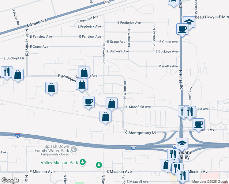 map of restaurants, bars, coffee shops, grocery stores, and more near 11603 East Ermina Avenue in Spokane Valley