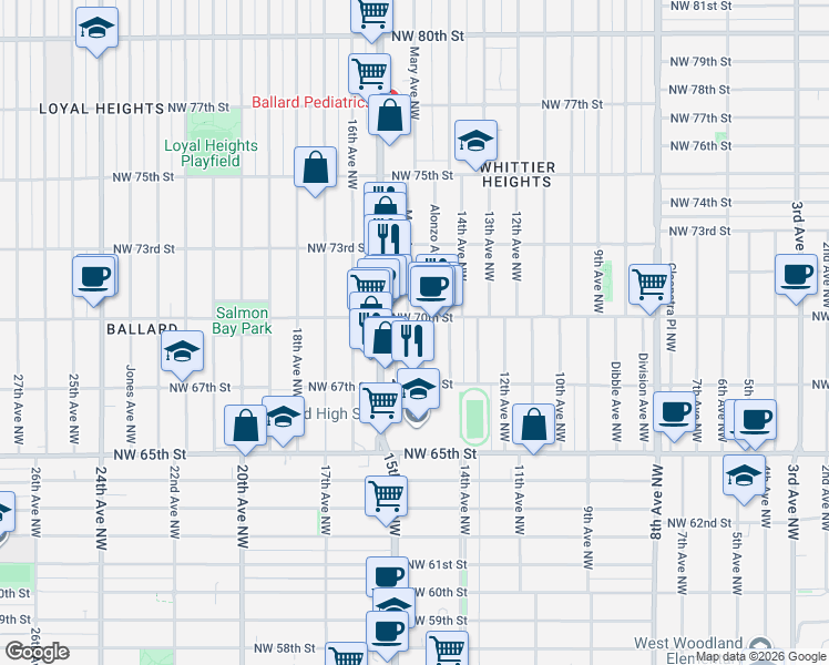 map of restaurants, bars, coffee shops, grocery stores, and more near 6738 Mary Avenue Northwest in Seattle
