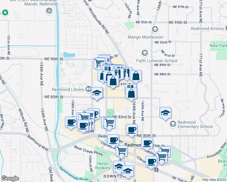 map of restaurants, bars, coffee shops, grocery stores, and more near 16150 Northeast 85th Street in Redmond