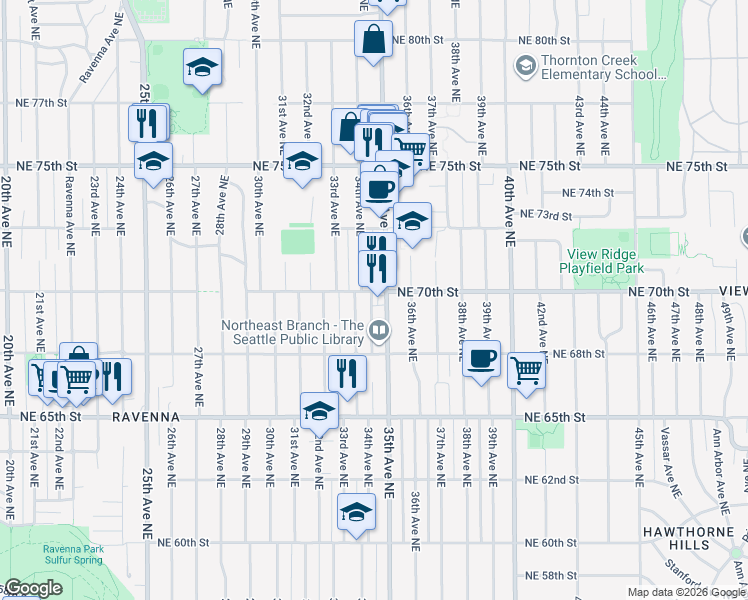 map of restaurants, bars, coffee shops, grocery stores, and more near 3415 Northeast 70th Street in Seattle