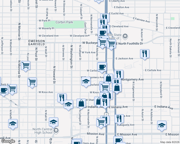 map of restaurants, bars, coffee shops, grocery stores, and more near 129 West Carlisle Avenue in Spokane
