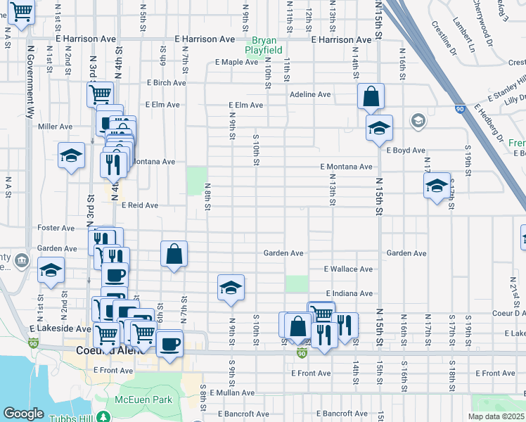 map of restaurants, bars, coffee shops, grocery stores, and more near 1006 East Pennsylvania Avenue in Coeur d'Alene
