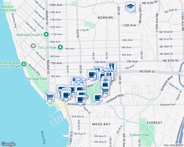 map of restaurants, bars, coffee shops, grocery stores, and more near 322 5th Avenue in Kirkland
