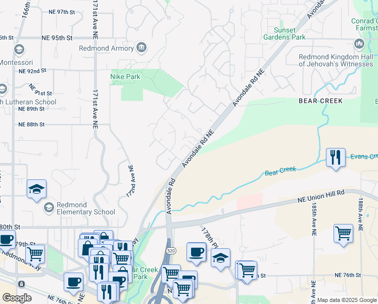 map of restaurants, bars, coffee shops, grocery stores, and more near 8535 Avondale Road Northeast in Redmond