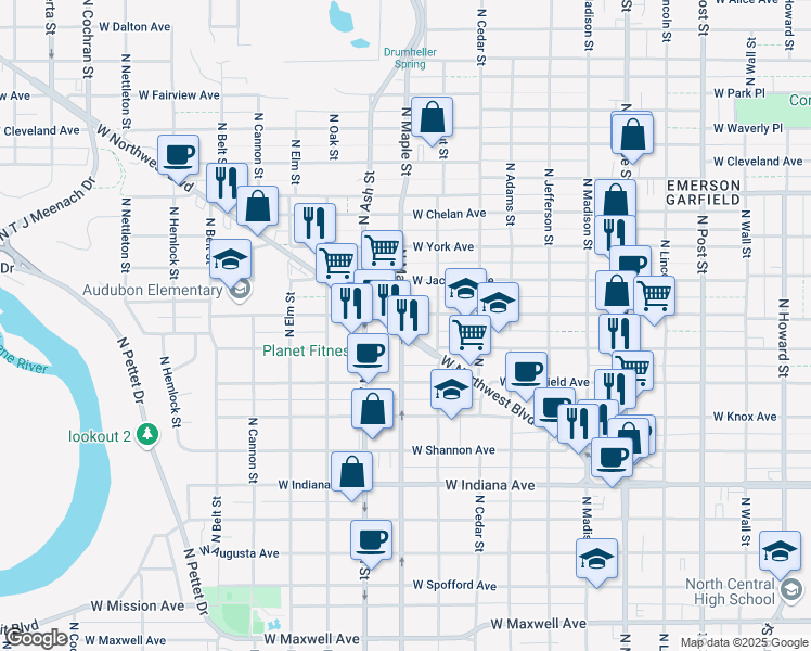 map of restaurants, bars, coffee shops, grocery stores, and more near 1514 West Northwest Boulevard in Spokane