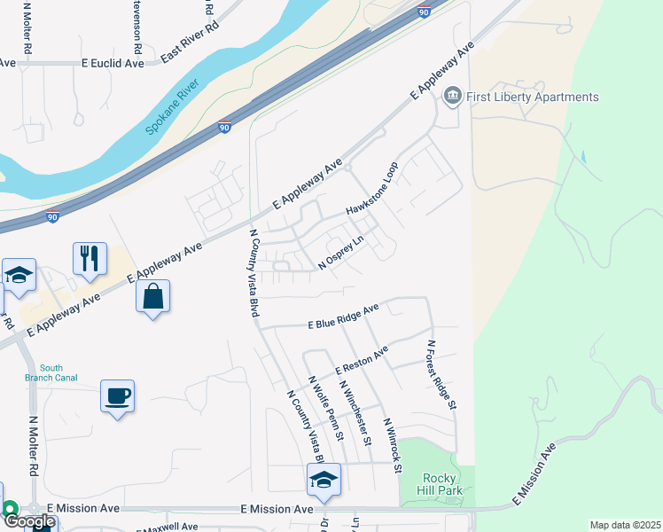 map of restaurants, bars, coffee shops, grocery stores, and more near 24440 East Harrier Lane in Liberty Lake