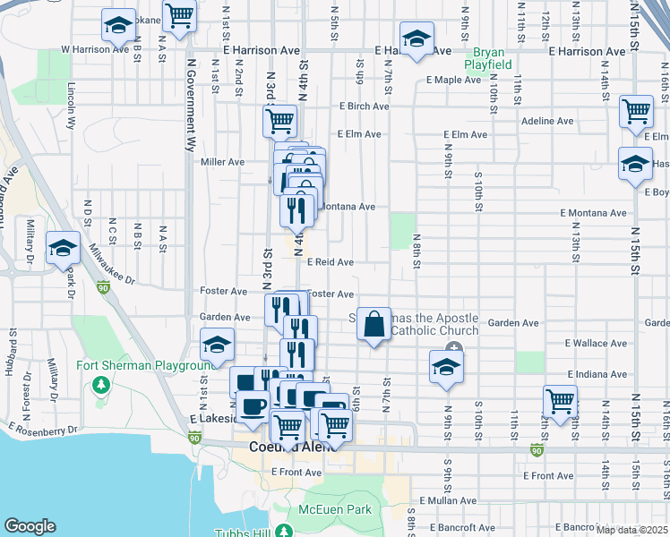 map of restaurants, bars, coffee shops, grocery stores, and more near 718 North 5th Street in Coeur d'Alene
