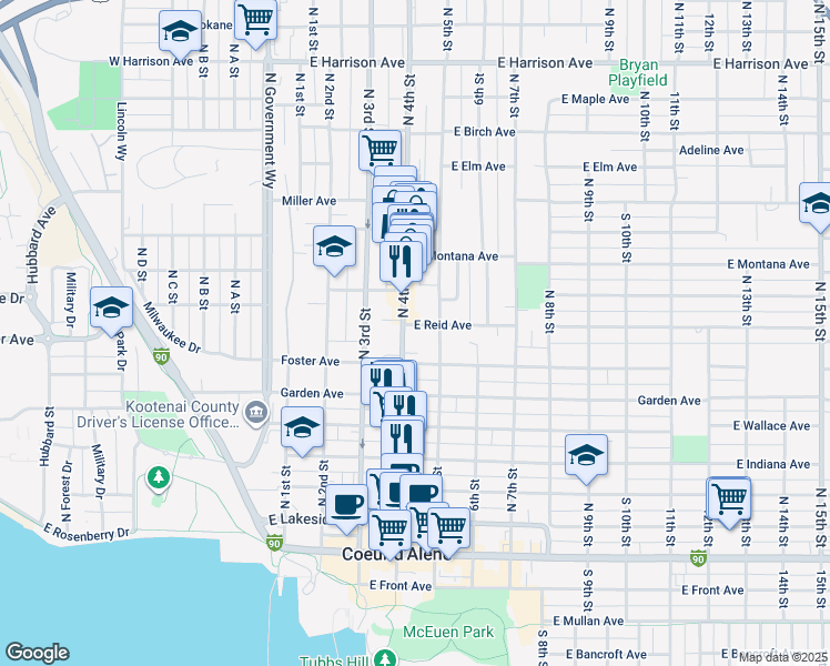 map of restaurants, bars, coffee shops, grocery stores, and more near 714 North 4th Street in Coeur d'Alene
