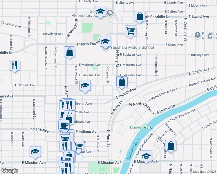 map of restaurants, bars, coffee shops, grocery stores, and more near 2217 North Perry Street in Spokane