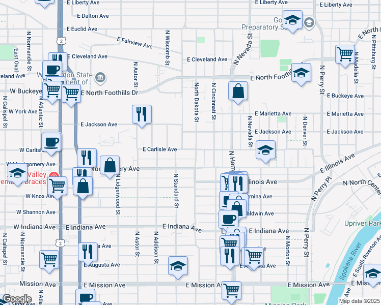 map of restaurants, bars, coffee shops, grocery stores, and more near 618 East Carlisle Avenue in Spokane