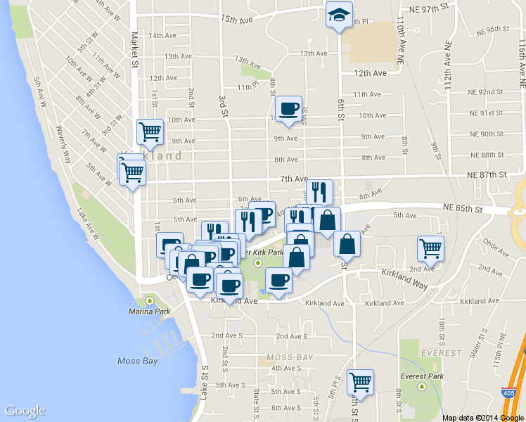 map of restaurants, bars, coffee shops, grocery stores, and more near 318 4th Avenue in Kirkland