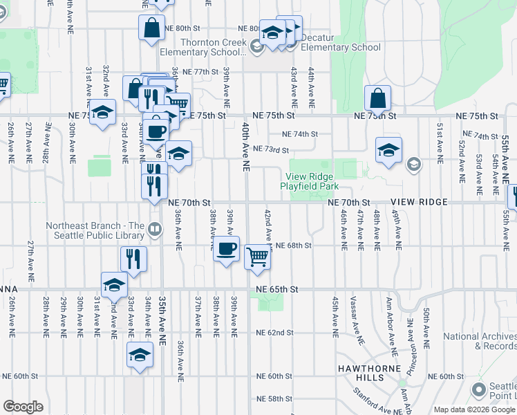 map of restaurants, bars, coffee shops, grocery stores, and more near 6846 40th Avenue Northeast in Seattle