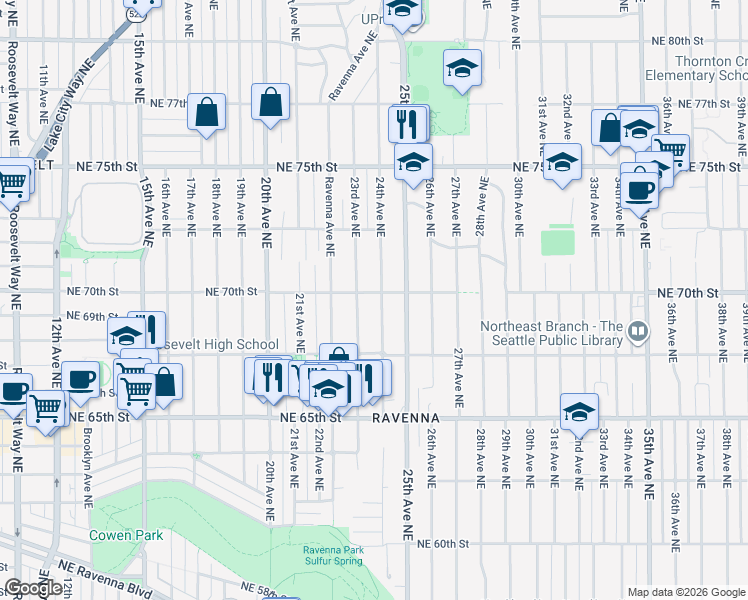 map of restaurants, bars, coffee shops, grocery stores, and more near 6844 23rd Avenue Northeast in Seattle