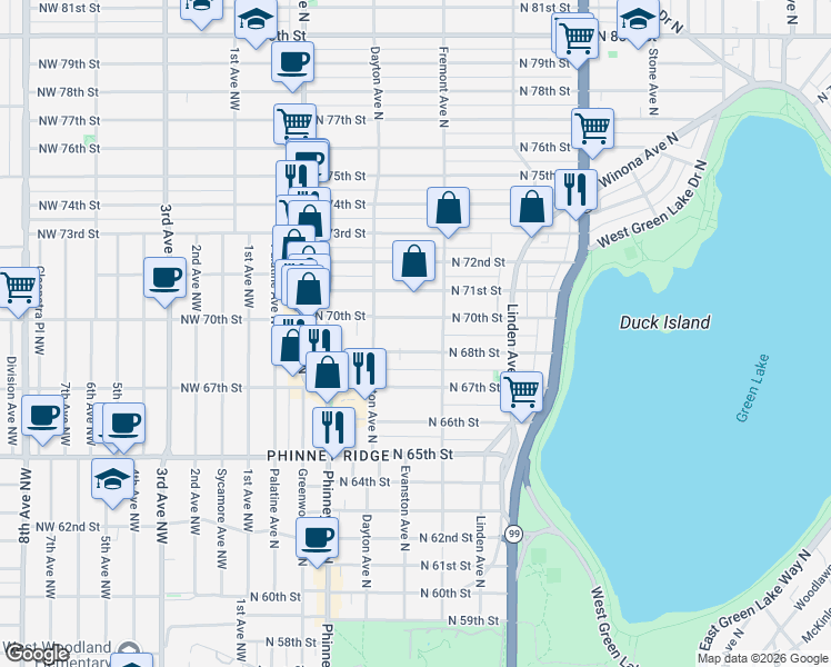 map of restaurants, bars, coffee shops, grocery stores, and more near 548 North 68th Street in Seattle