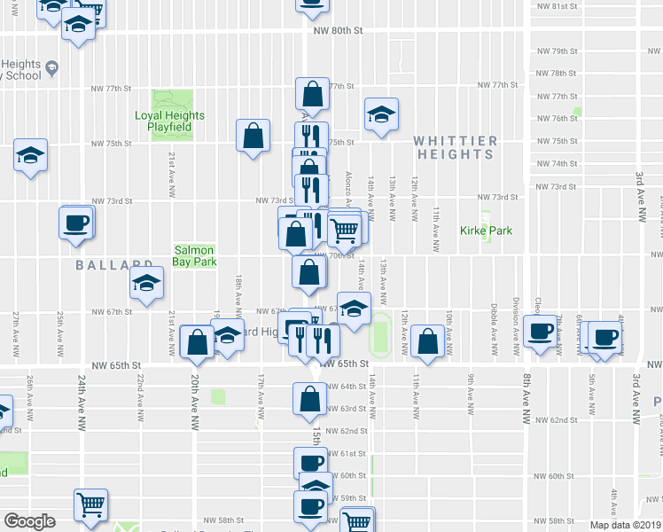 map of restaurants, bars, coffee shops, grocery stores, and more near 6738A Mary Avenue Northwest in Seattle