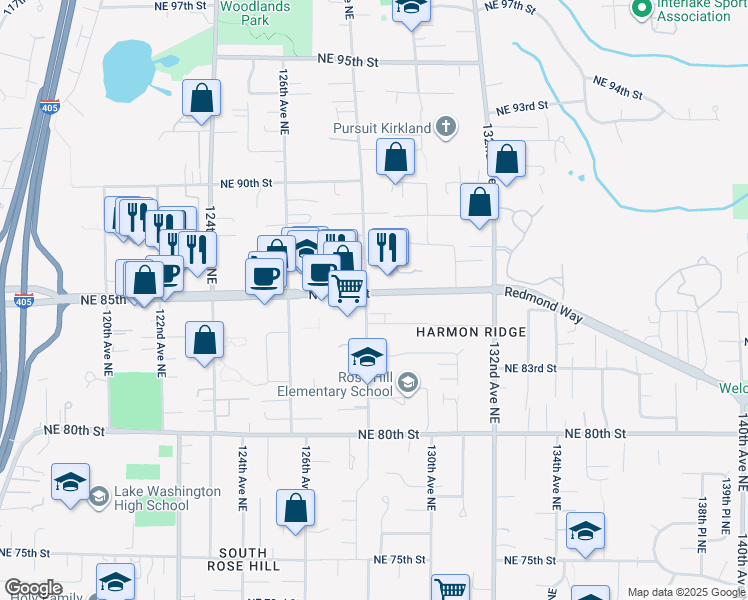map of restaurants, bars, coffee shops, grocery stores, and more near 12810 Northeast 84th Street in Kirkland