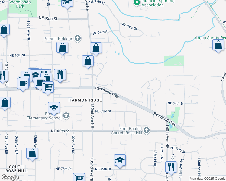 map of restaurants, bars, coffee shops, grocery stores, and more near 134th Court Northeast in Redmond
