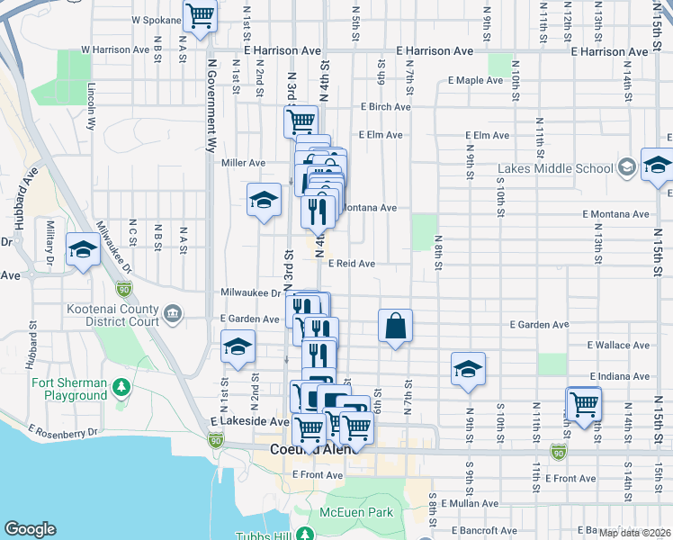 map of restaurants, bars, coffee shops, grocery stores, and more near 718 North 5th Street in Coeur d'Alene