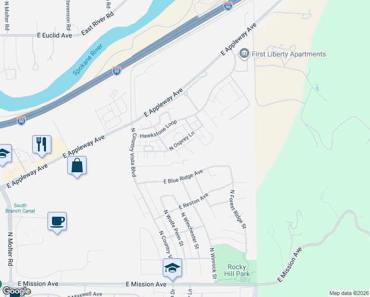 map of restaurants, bars, coffee shops, grocery stores, and more near 24440 East Harrier Lane in Liberty Lake
