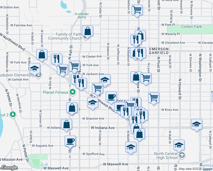 map of restaurants, bars, coffee shops, grocery stores, and more near 2320 North Cedar Street in Spokane