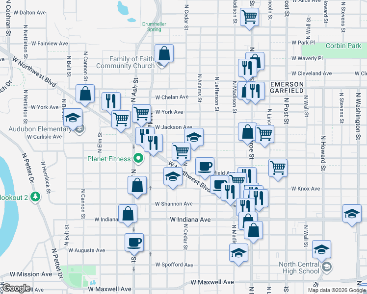 map of restaurants, bars, coffee shops, grocery stores, and more near 2320 North Cedar Street in Spokane