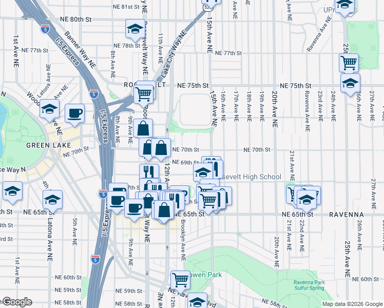 map of restaurants, bars, coffee shops, grocery stores, and more near 1264 Northeast 69th Street in Seattle