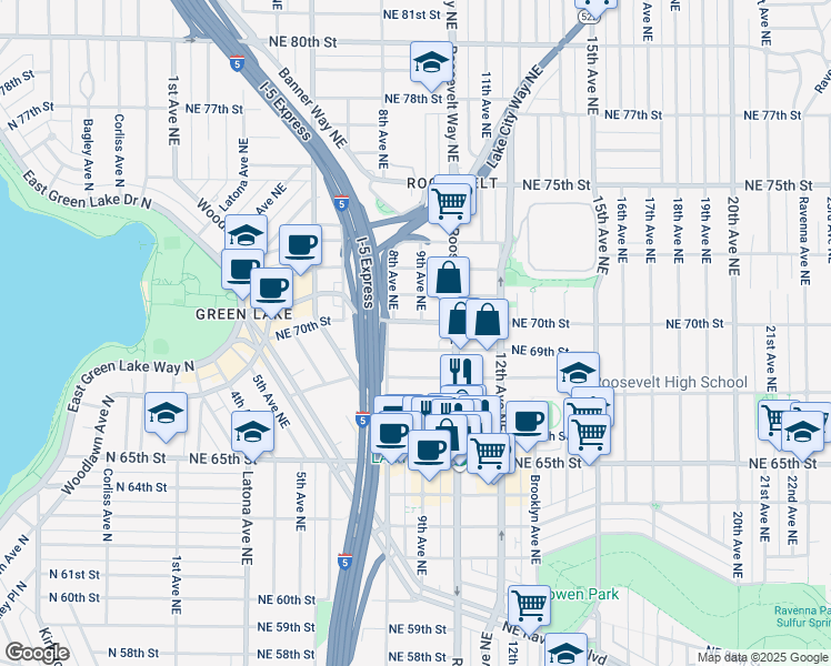 map of restaurants, bars, coffee shops, grocery stores, and more near 823 Northeast 70th Street in Seattle