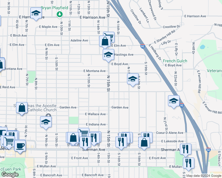 map of restaurants, bars, coffee shops, grocery stores, and more near 804 North 15th Street in Coeur d'Alene