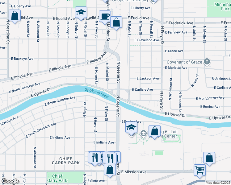 map of restaurants, bars, coffee shops, grocery stores, and more near 2311 North Greene Street in Spokane