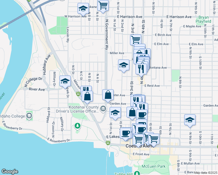 map of restaurants, bars, coffee shops, grocery stores, and more near 720 North Government Way in Coeur d'Alene