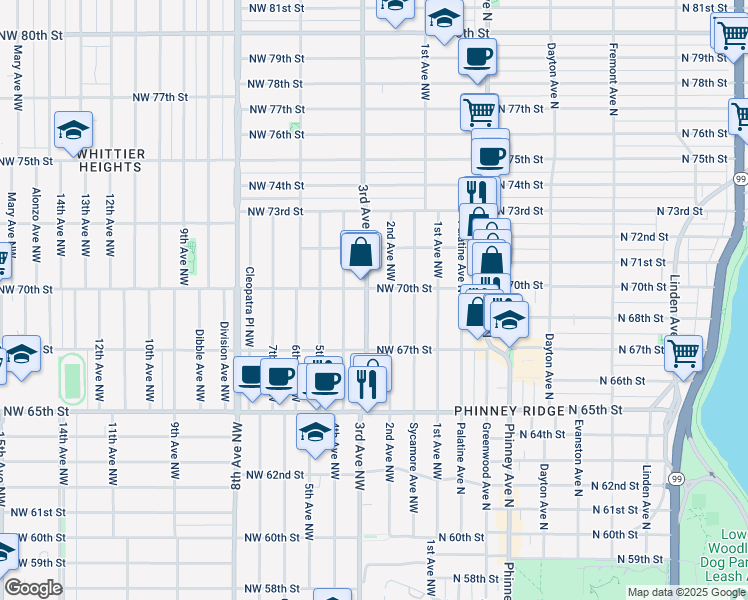 map of restaurants, bars, coffee shops, grocery stores, and more near 6750 3rd Avenue Northwest in Seattle