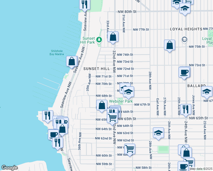 map of restaurants, bars, coffee shops, grocery stores, and more near 3234 Northwest 69th Street in Seattle