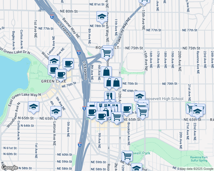 map of restaurants, bars, coffee shops, grocery stores, and more near 6921 Roosevelt Way Northeast in Seattle