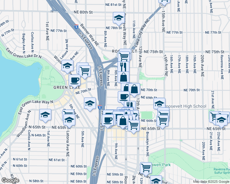 map of restaurants, bars, coffee shops, grocery stores, and more near 823 Northeast 70th Street in Seattle