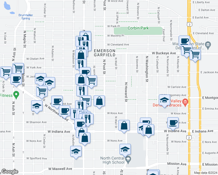 map of restaurants, bars, coffee shops, grocery stores, and more near 723 West Carlisle Avenue in Spokane