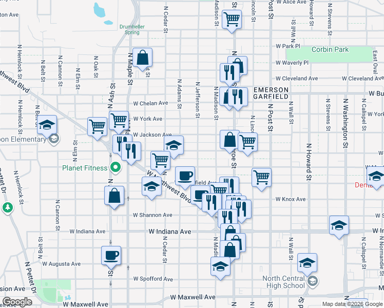 map of restaurants, bars, coffee shops, grocery stores, and more near 1218 West Montgomery Avenue in Spokane