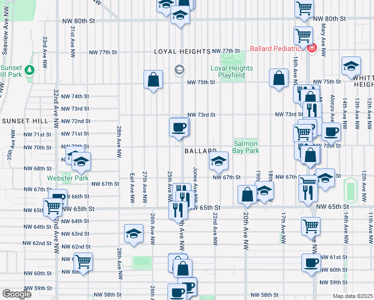 map of restaurants, bars, coffee shops, grocery stores, and more near in Seattle