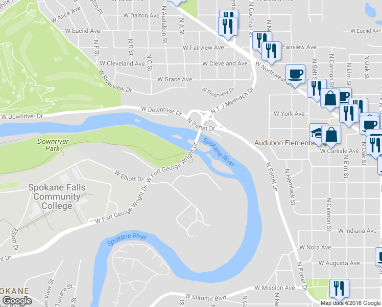 map of restaurants, bars, coffee shops, grocery stores, and more near 1909 West Fort George Wright Drive in Spokane