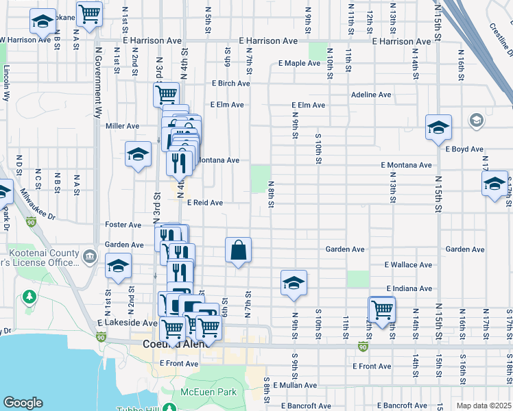 map of restaurants, bars, coffee shops, grocery stores, and more near 718 North 7th Street in Coeur d'Alene