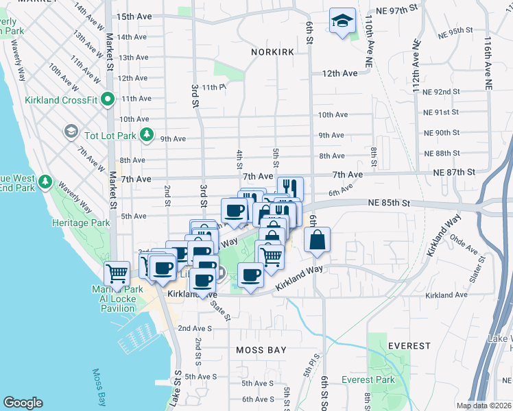 map of restaurants, bars, coffee shops, grocery stores, and more near 450 Central Way in Kirkland