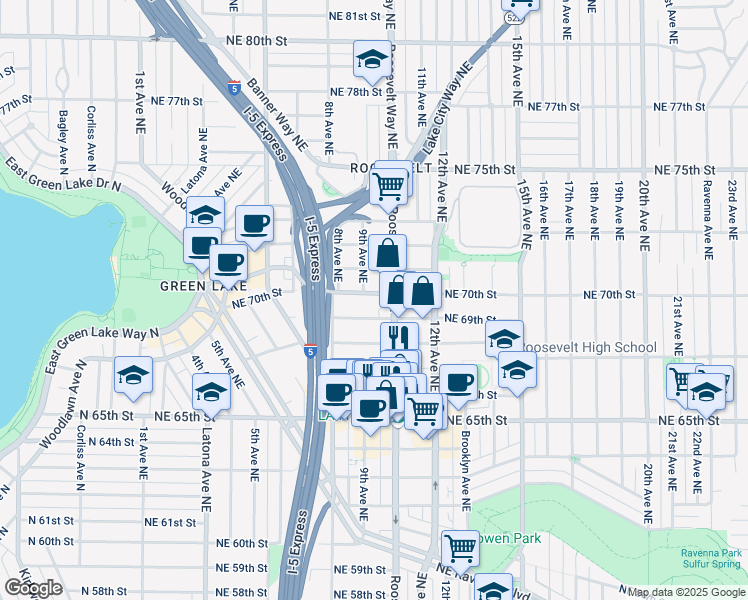 map of restaurants, bars, coffee shops, grocery stores, and more near 824 Northeast 69th Street in Seattle