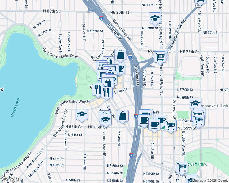map of restaurants, bars, coffee shops, grocery stores, and more near 6845 Oswego Place Northeast in Seattle