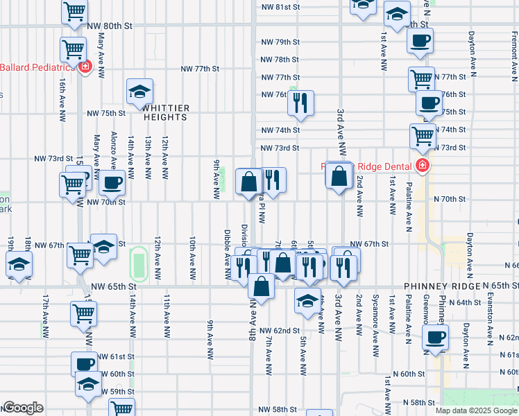 map of restaurants, bars, coffee shops, grocery stores, and more near 6742 Cleopatra Place Northwest in Seattle