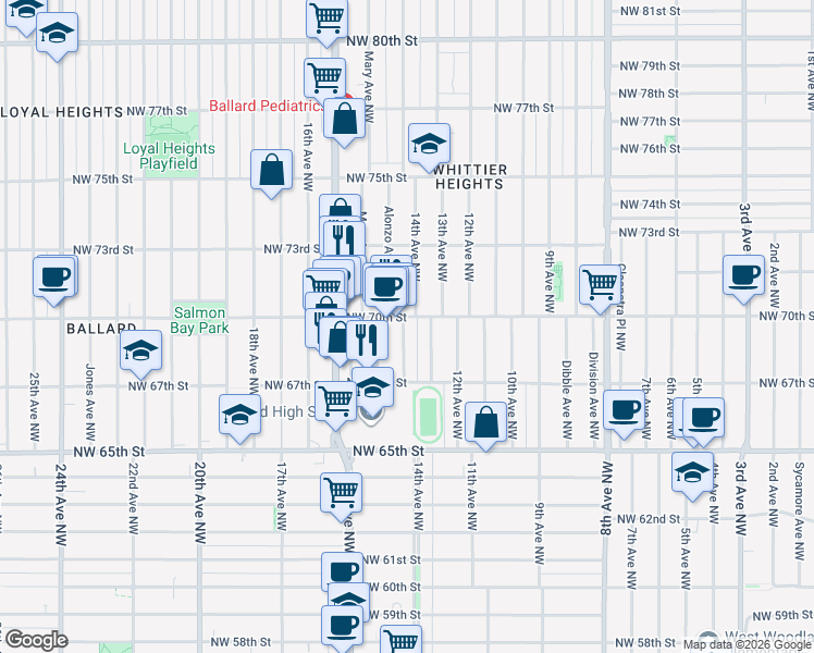 map of restaurants, bars, coffee shops, grocery stores, and more near 6739 14th Avenue Northwest in Seattle