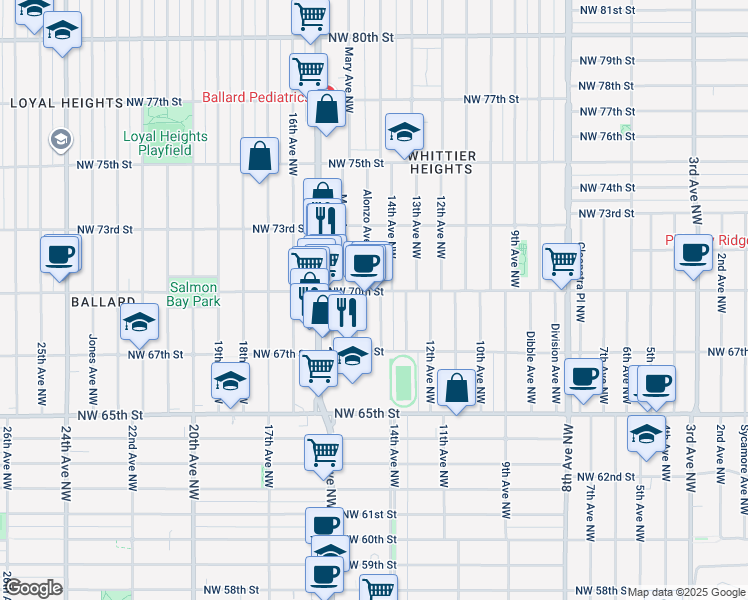 map of restaurants, bars, coffee shops, grocery stores, and more near 6739 14th Avenue Northwest in Seattle