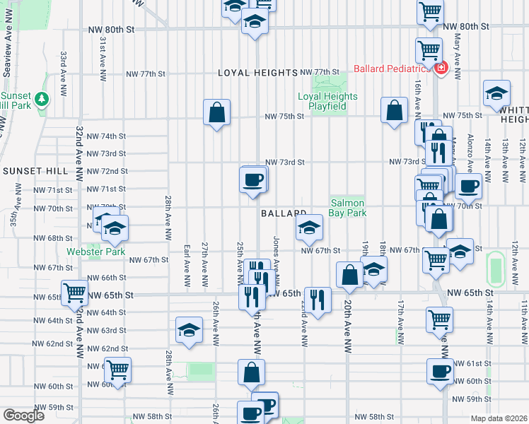 map of restaurants, bars, coffee shops, grocery stores, and more near in Seattle