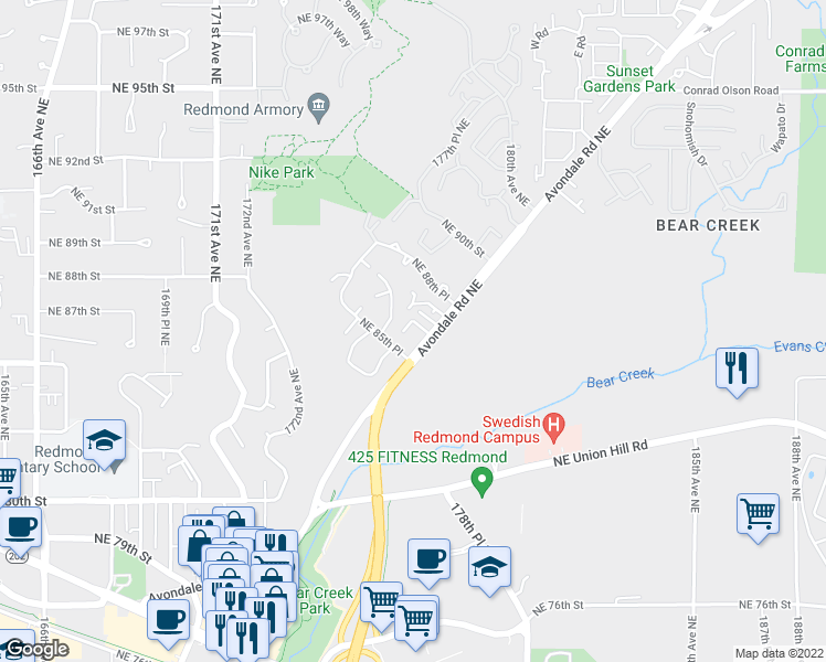 map of restaurants, bars, coffee shops, grocery stores, and more near 8535 Avondale Road Northeast in Redmond