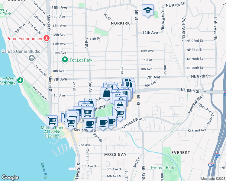 map of restaurants, bars, coffee shops, grocery stores, and more near 458 4th Avenue in Kirkland